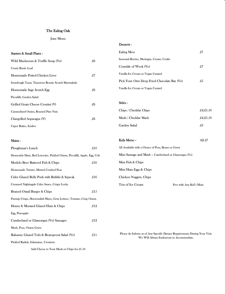 ealing oak june menu